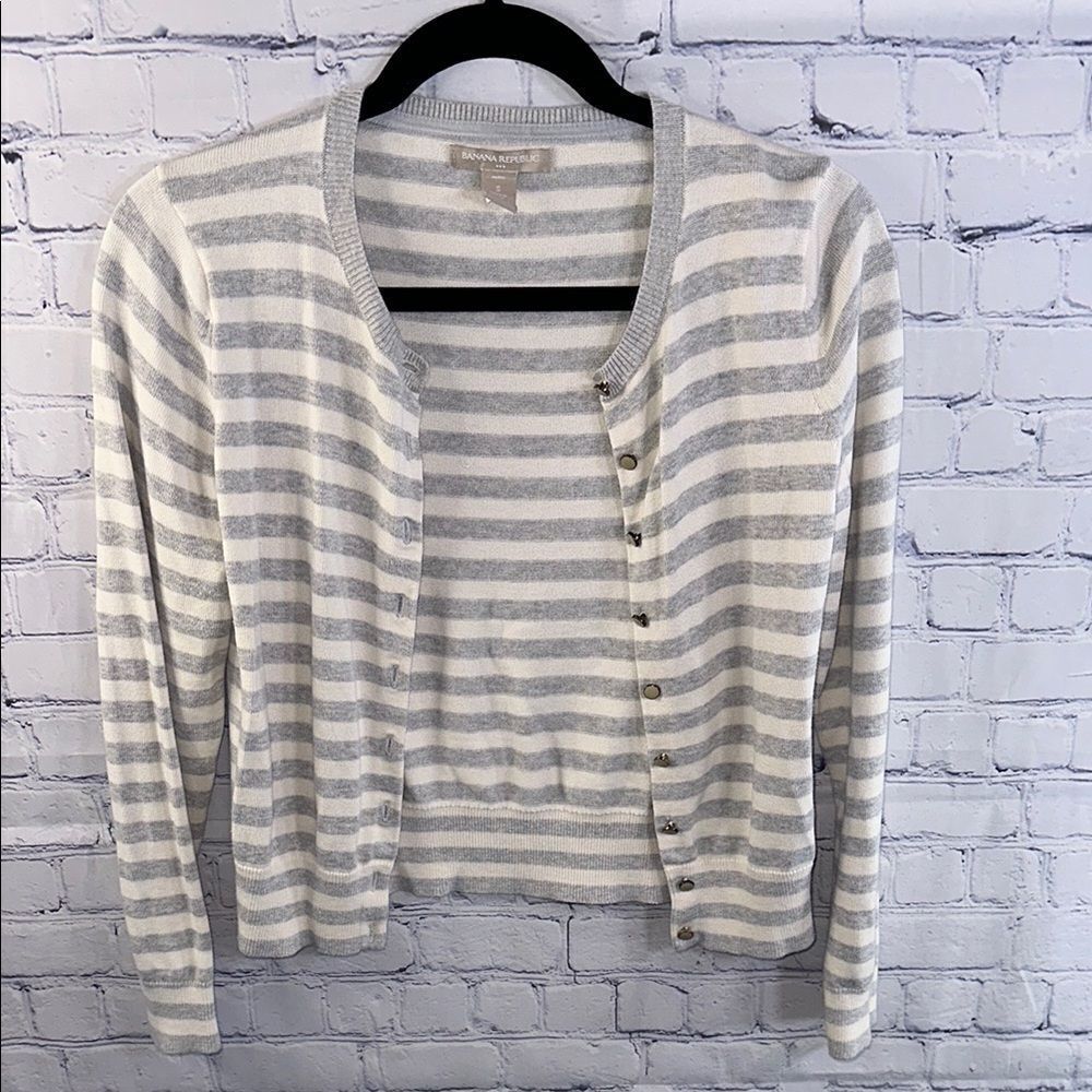 Banana Republic Gray White Striped V Neck Button Cardigan Sweater Size S